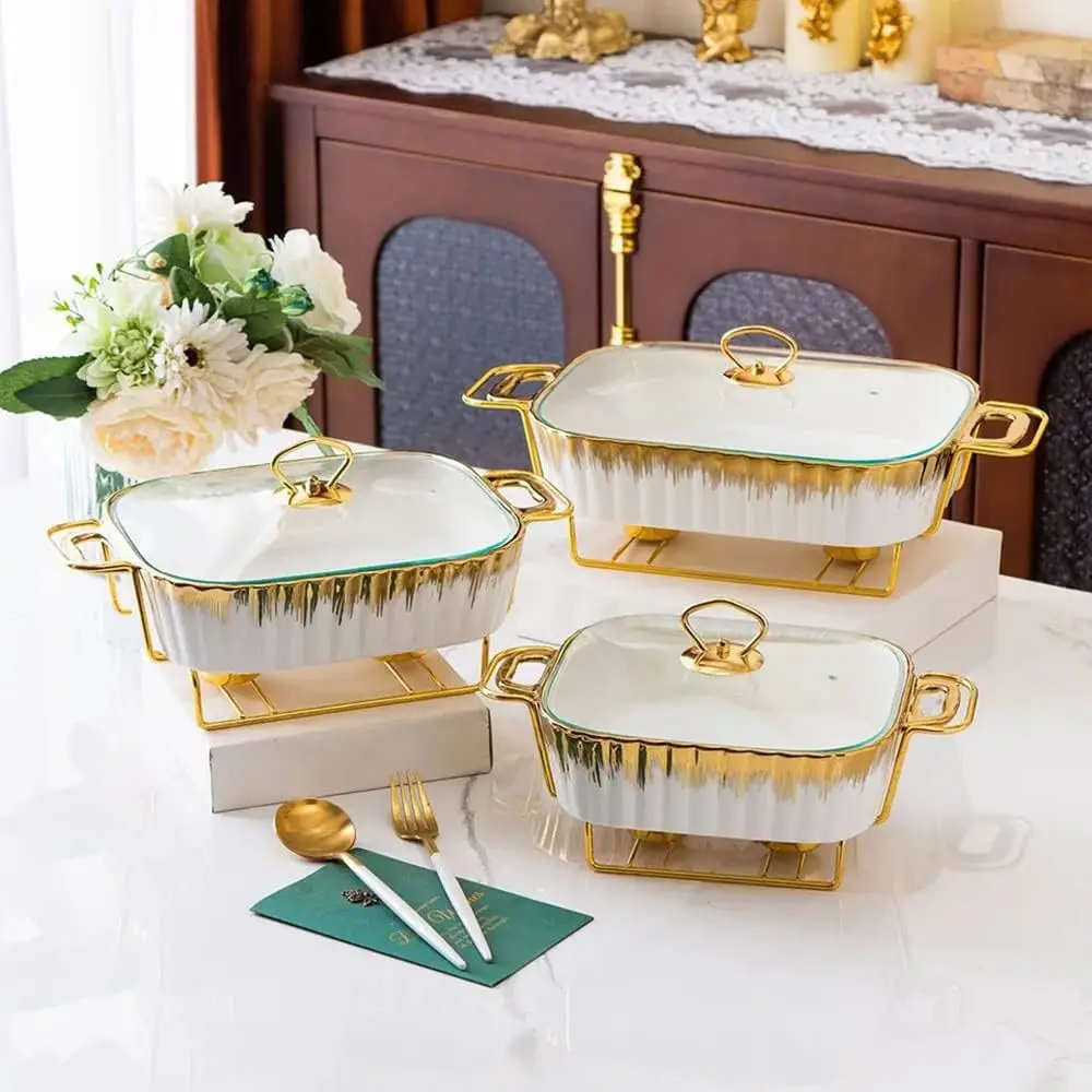 Ceramic buffet heater, soup pot, gold-plated tableware, rectangular ceramic candle, heated food, insulated baking tray with lid