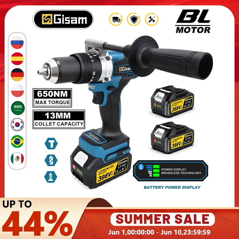 Gismis 650NM 13MM perceuse électrique sans brosse 20 + 3 couple perceuse à percussion sans fil tournevis électrique pour Makita 18V batterie broche
