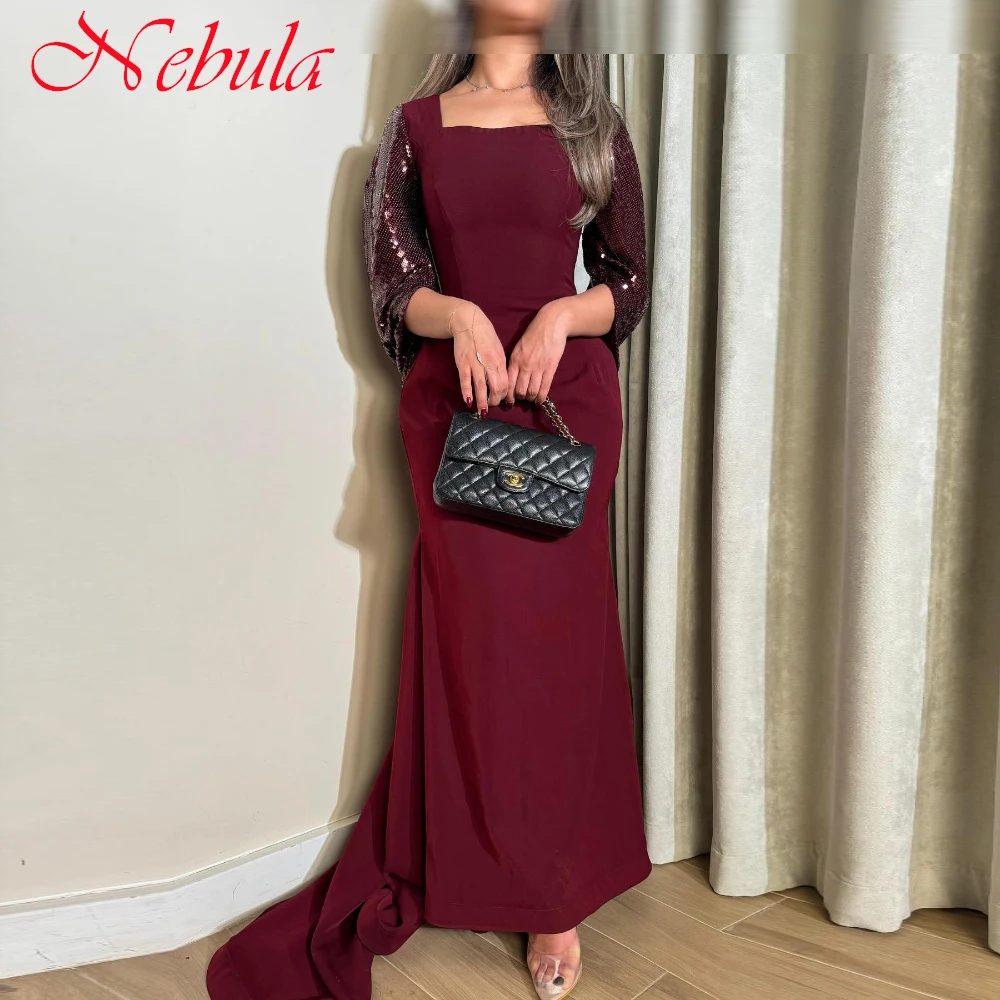 

Customized Delicate Burgundy Jersey Evening Dress Exquisite Square Collar 3/4 Sleeves Zipper Back Sequined Celebrity Gowns