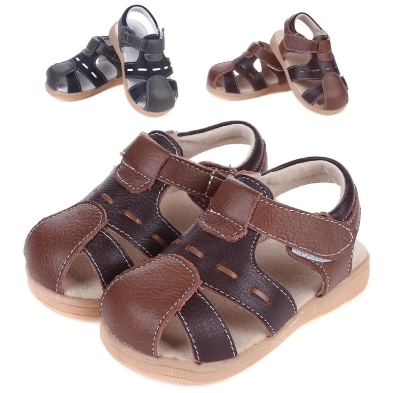 

Детские сандалии из натуральной кожи для мальчиков, верх из коровьей кожи, с противоскользящими и потопоглощающими стельками, летняя пляжная обувь для малышей