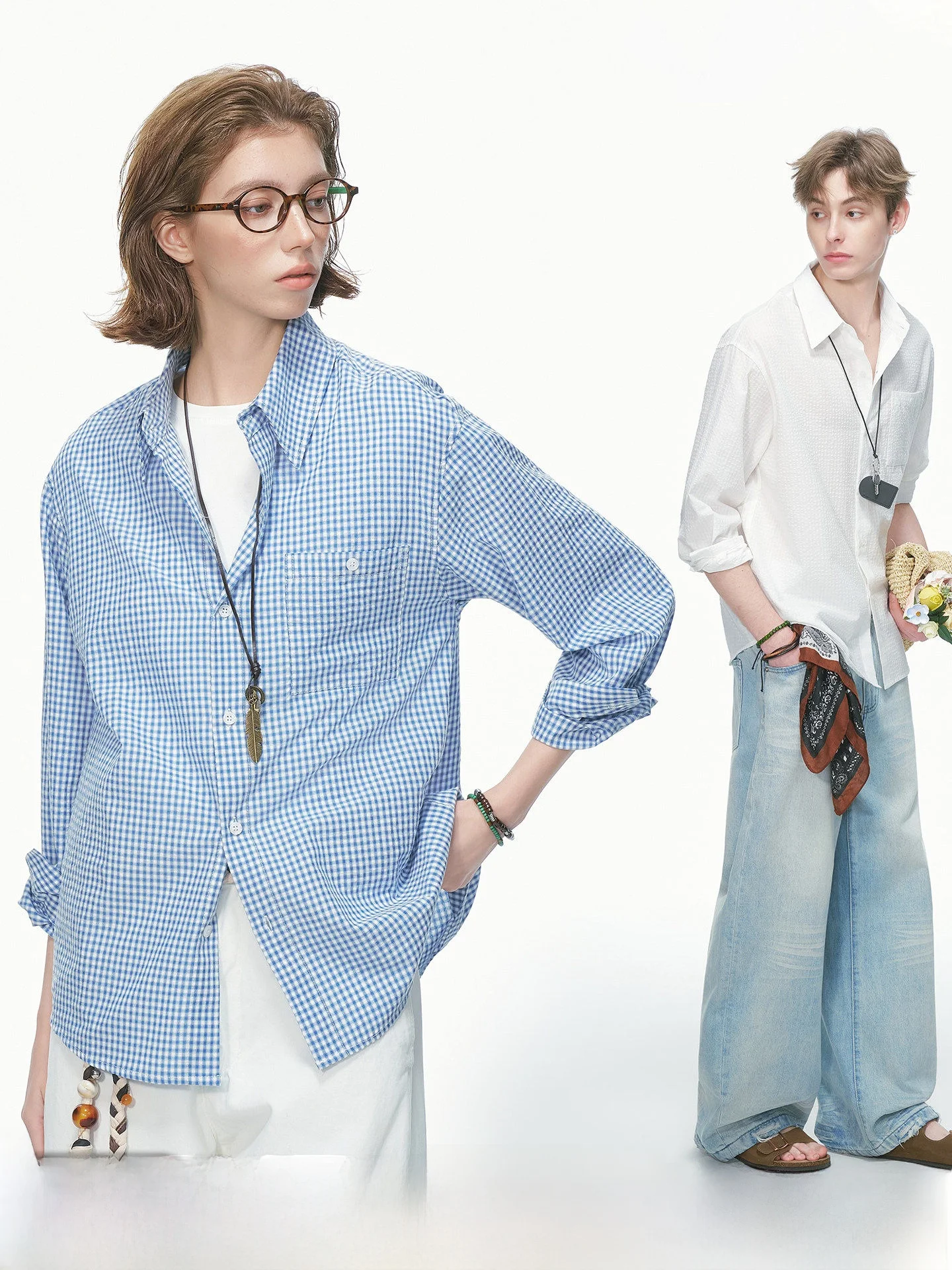 

Dream Made Long Sleeve Plaid Bubble Cloth Texture Shirt Youth Spring Inner Wear Couples White Shirt Women's Style Loose Fit