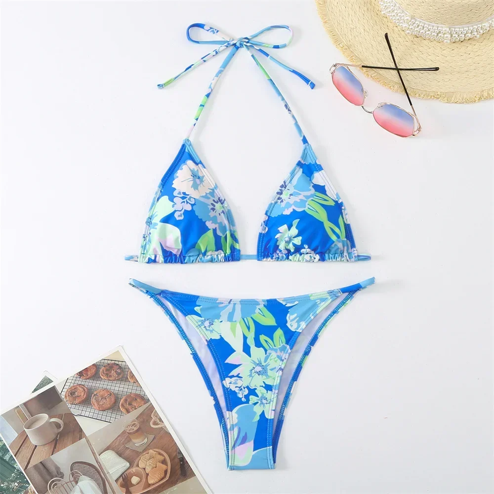삼각형 문자열 비키니 꽃 프린트 Y2K 수영복은 등이없는 마이크로 수영복 끈 팬티 수영복 여성 비치 Mayo Tanga를 밀어