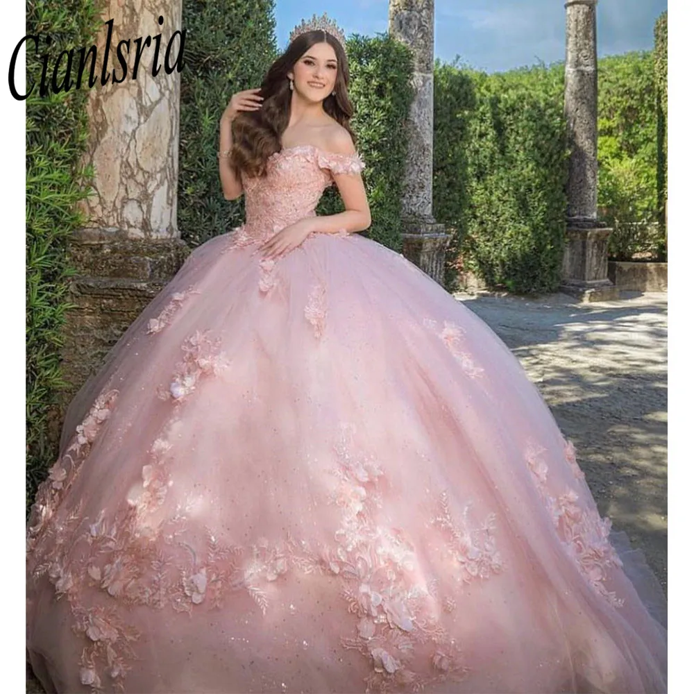 Pink Princess Off The Shoulder Dress For Quinceanera 2023 Floral Sweetheart Ball Gown Vestido De 15 Anos Sweet 16