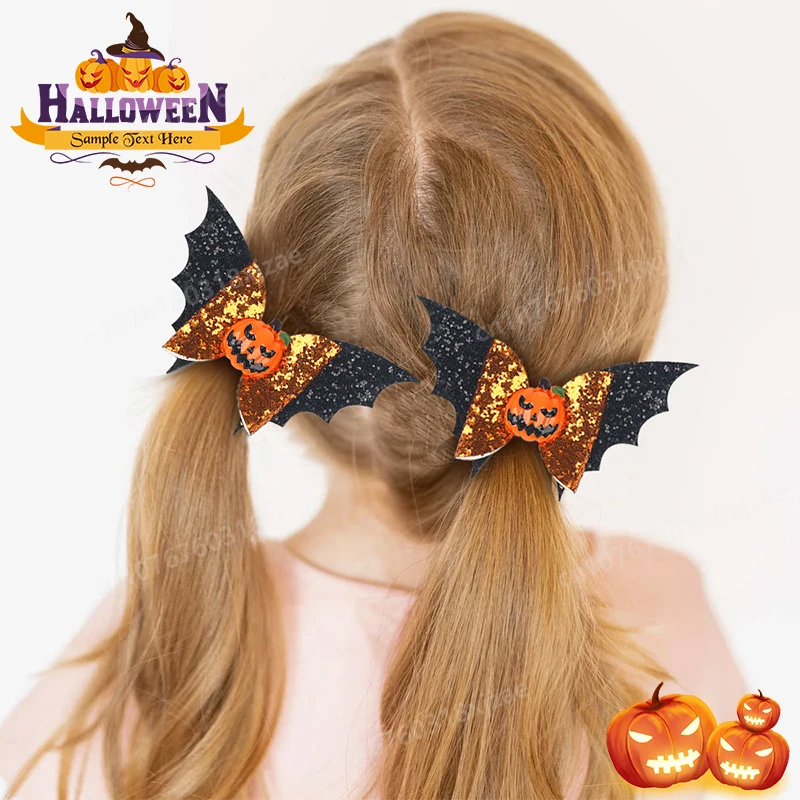 

1 Pcs Halloween Elements Children's Bow Hair Clip Cute Double Bat Wing Bow Edge Clip Pumpkin Head Accessories Decoration Gifts