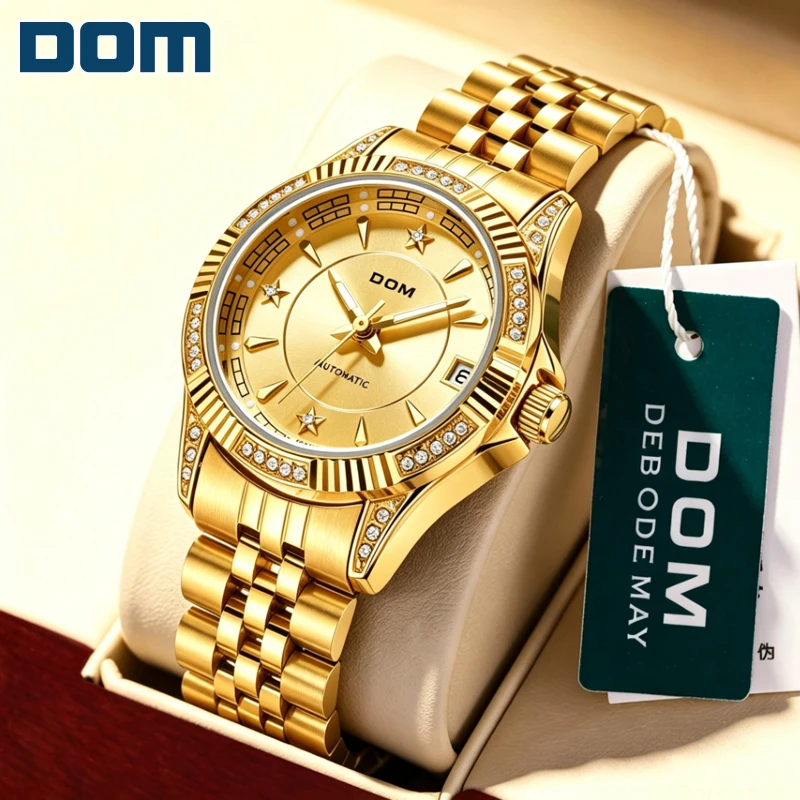 DOM Women Automatic Mechanical Watch Gold Tone Star Dial Calendar Stainless Steel Luxury Ladies Business Wristwatch G-1012
