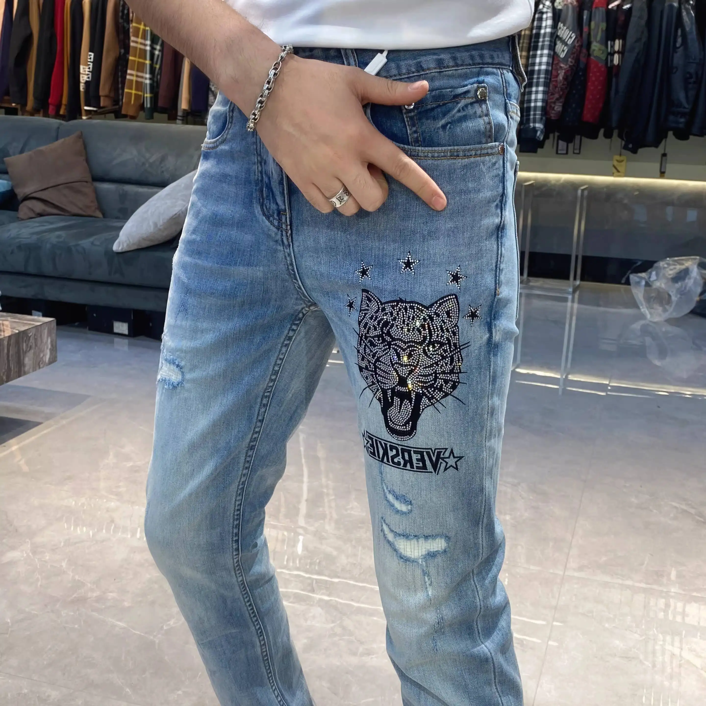 

European Style Tiger Head Hot Diamond Stretch Jeans Men Erkek Kot Pantolon Skinny Jeans For Men Jean Masculina Vaqueros Hombre