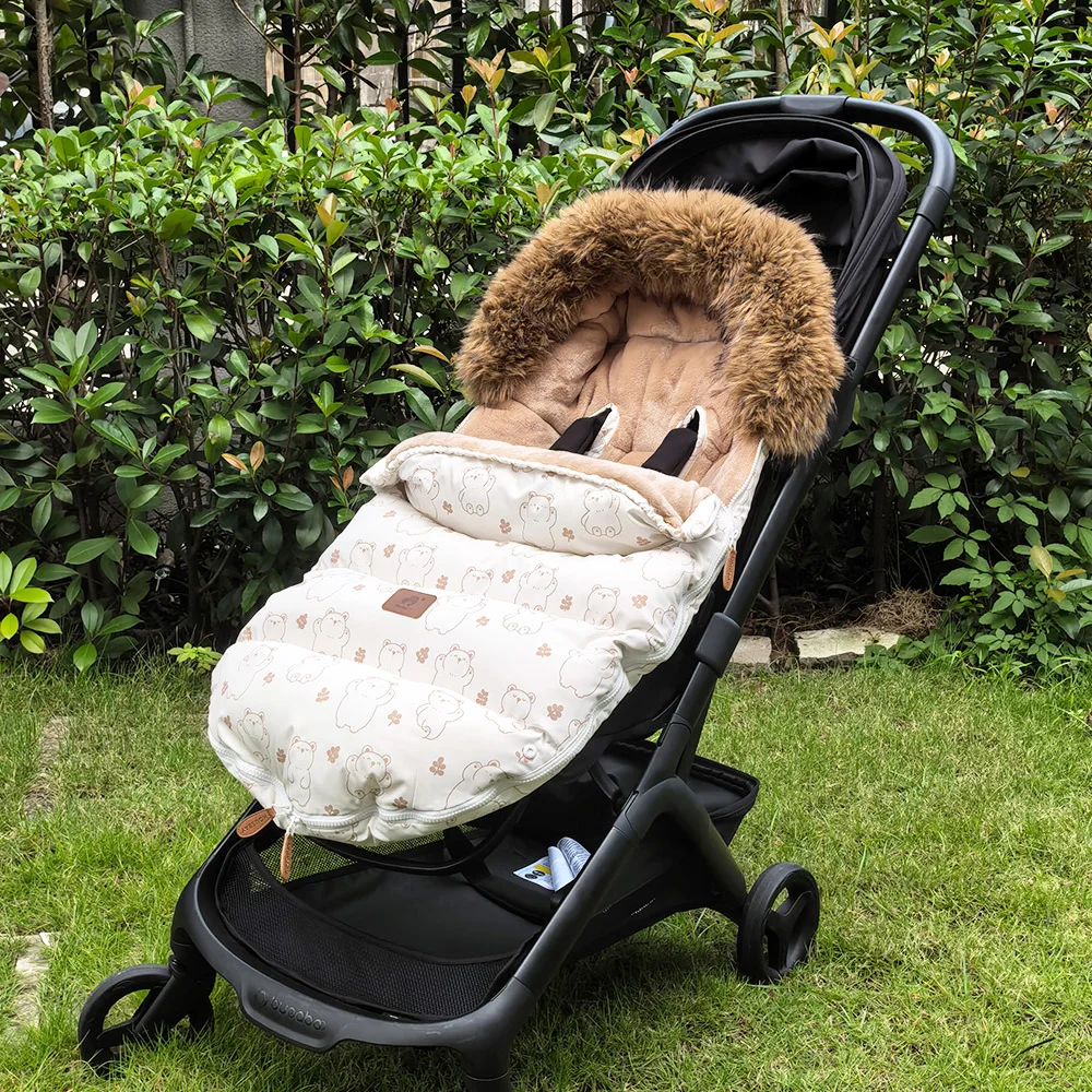 Baby Stroller Footmuff Universal Pram Socks Beige Bear Fluffy Removable Fur Collar Winter Windproof Envelope In Stroller