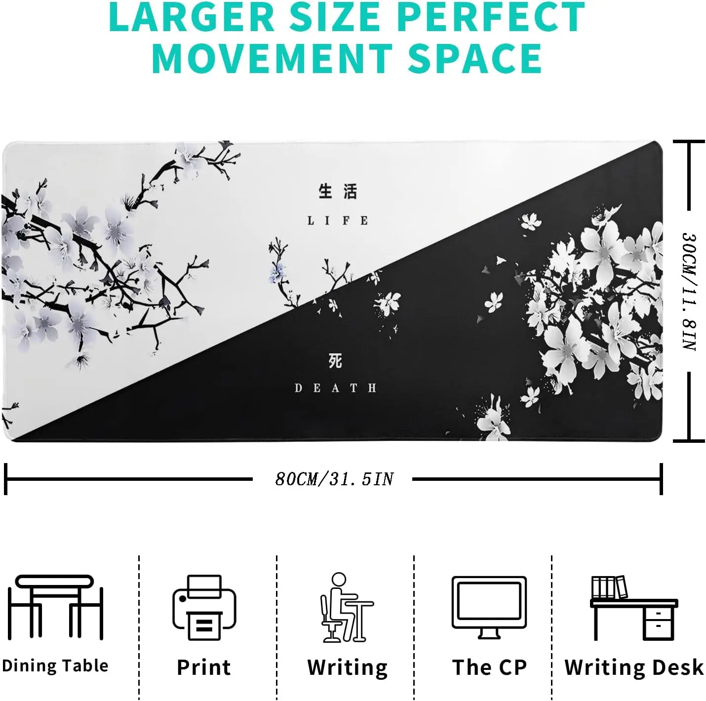 Yin Yang Cherry Blossom Desk Mat, Life Death Black White Large Gaming Mouse Pad, Non-Slip Keyboard Pad for Home Office Decor