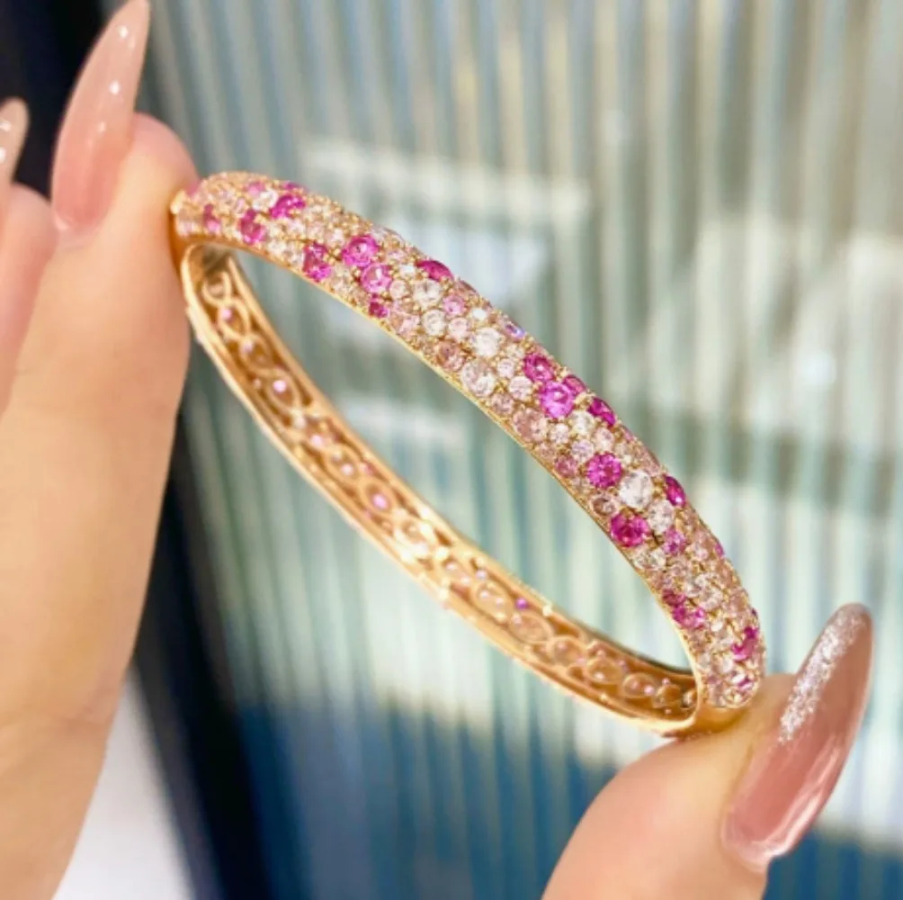 925 Silver Full Inlaid Pink Diamond Gradual Change Bracelet, Sterling Silver Bracelet, Light Luxury Colored Diamond