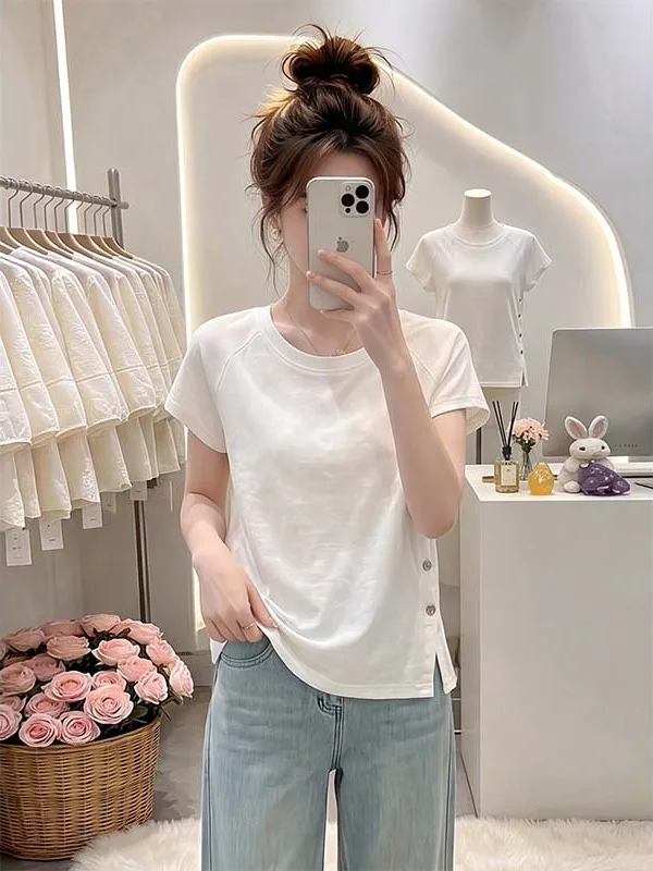 Summer Unique Design Short Sleeve T-Shirt Women's Side Button Split Beautiful Shoulder Level  Top Casual Loose Polyester