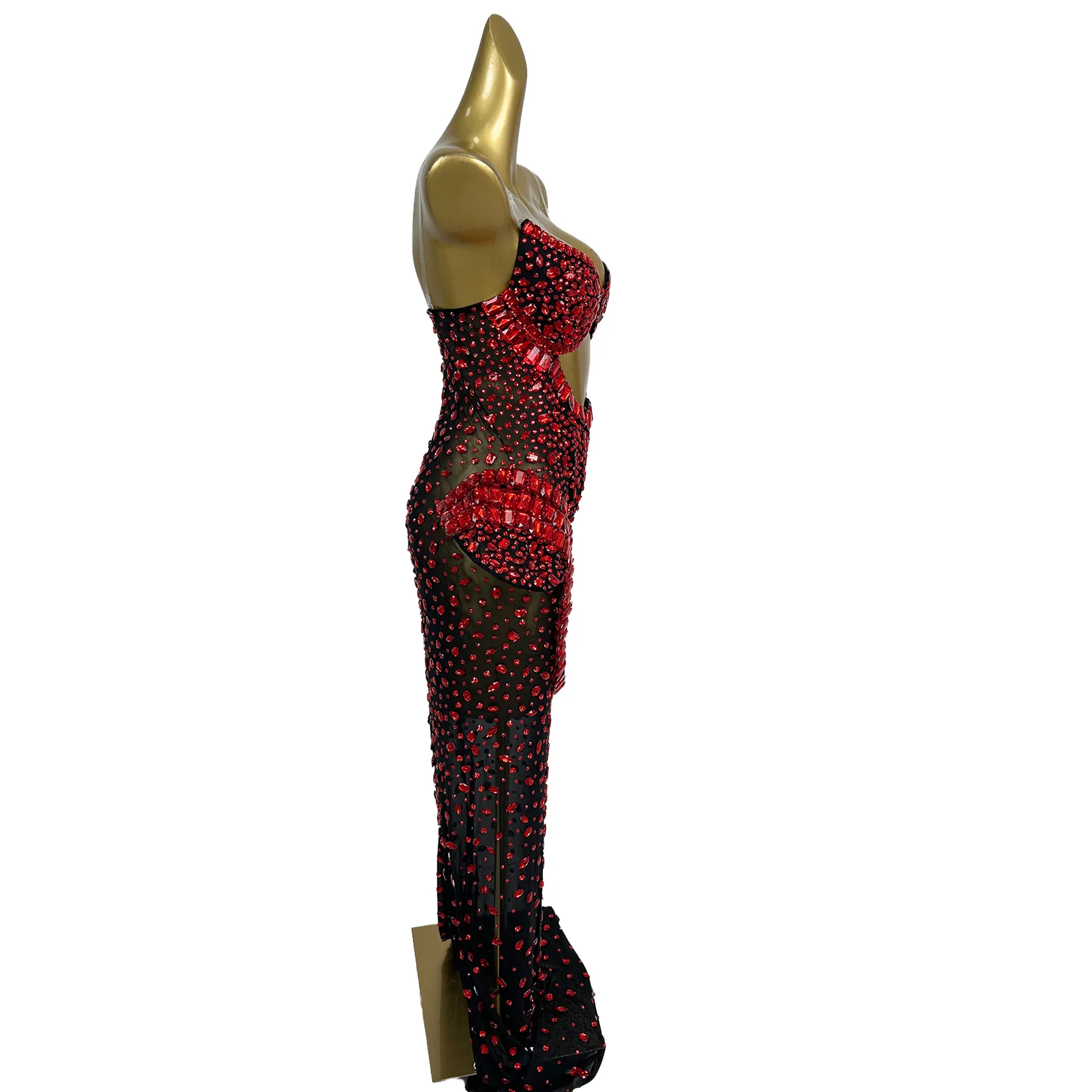 Hongguan فستان سهرة نسائي فاخر أحمر كريستال الماس أسود شفاف شبكة فستان مجوف المشاهير فستان السجادة الحمراء فستان حفلات