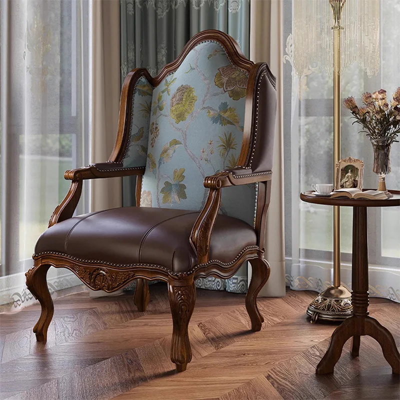 

tiger rural retro solid wood chair first layer cowhide single sofa living room high-end backrest leisure