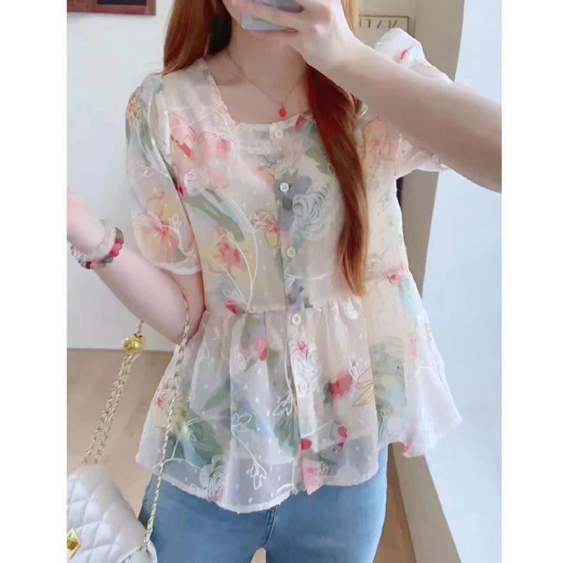 2024 Summer Women Fashion Floral Print Shirts Square Collar Sweet Chic Blouses Casual Short Sleeve Loose Tops Camisas De Mujer