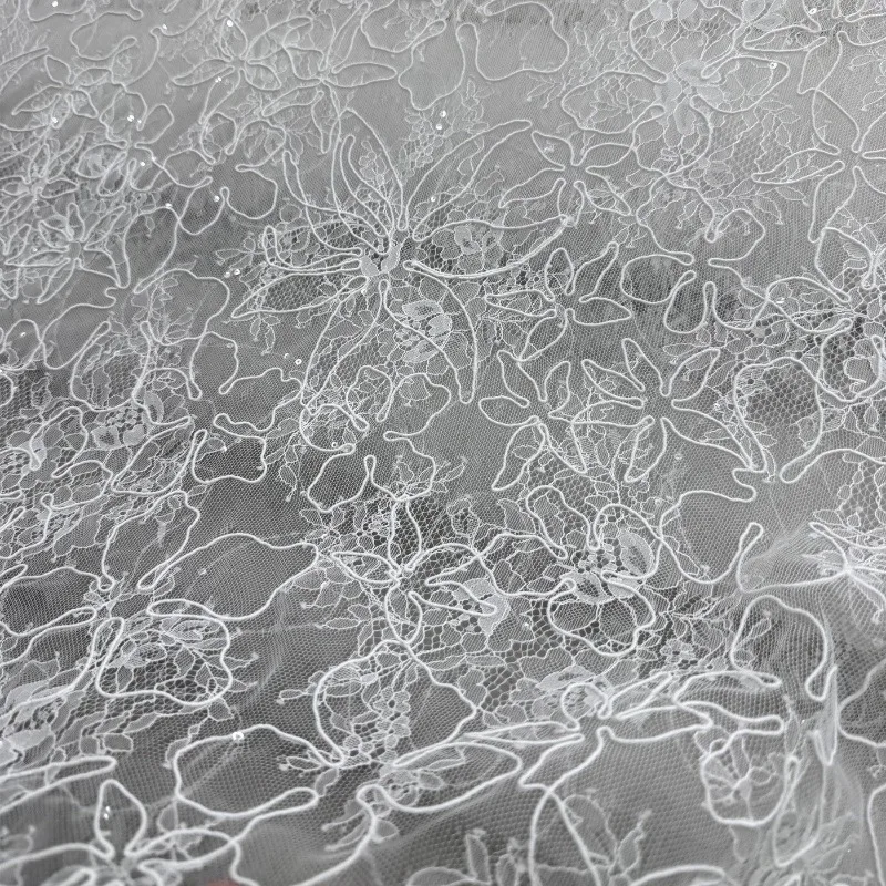 

1meter White Sequin Embroidery Lace Fabric Lines Mesh Dress Bridal Gown Evening Party Formal DIY Home Decoration Craft Material