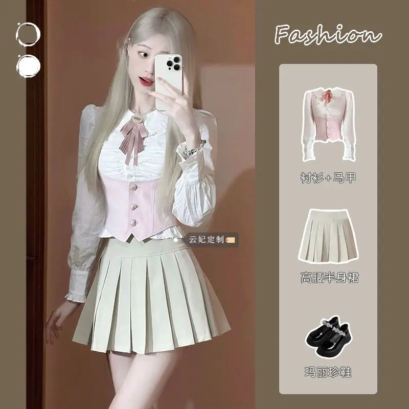 2024 college girl fashion jk uniform korean style student vest waistband pleated skirt three piece set improved jk uniorm set