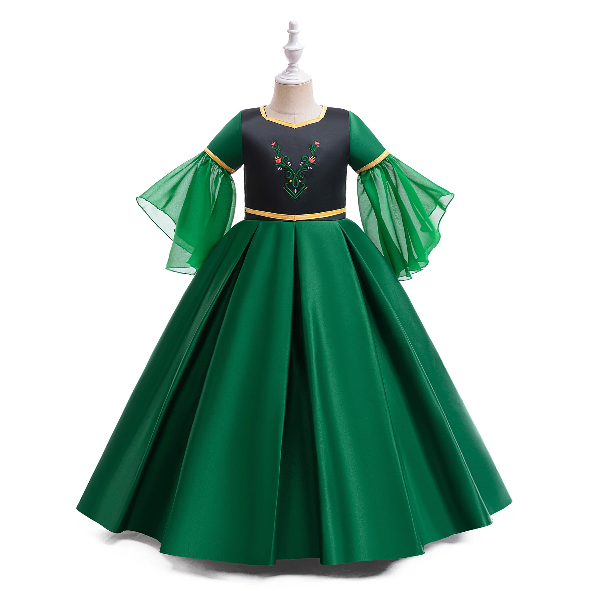 Girls Party Dress 110cm-150cm Performance Satin Dresses Green Ball Gown Princess Cosplay Half-Sleeve Kids Costumes