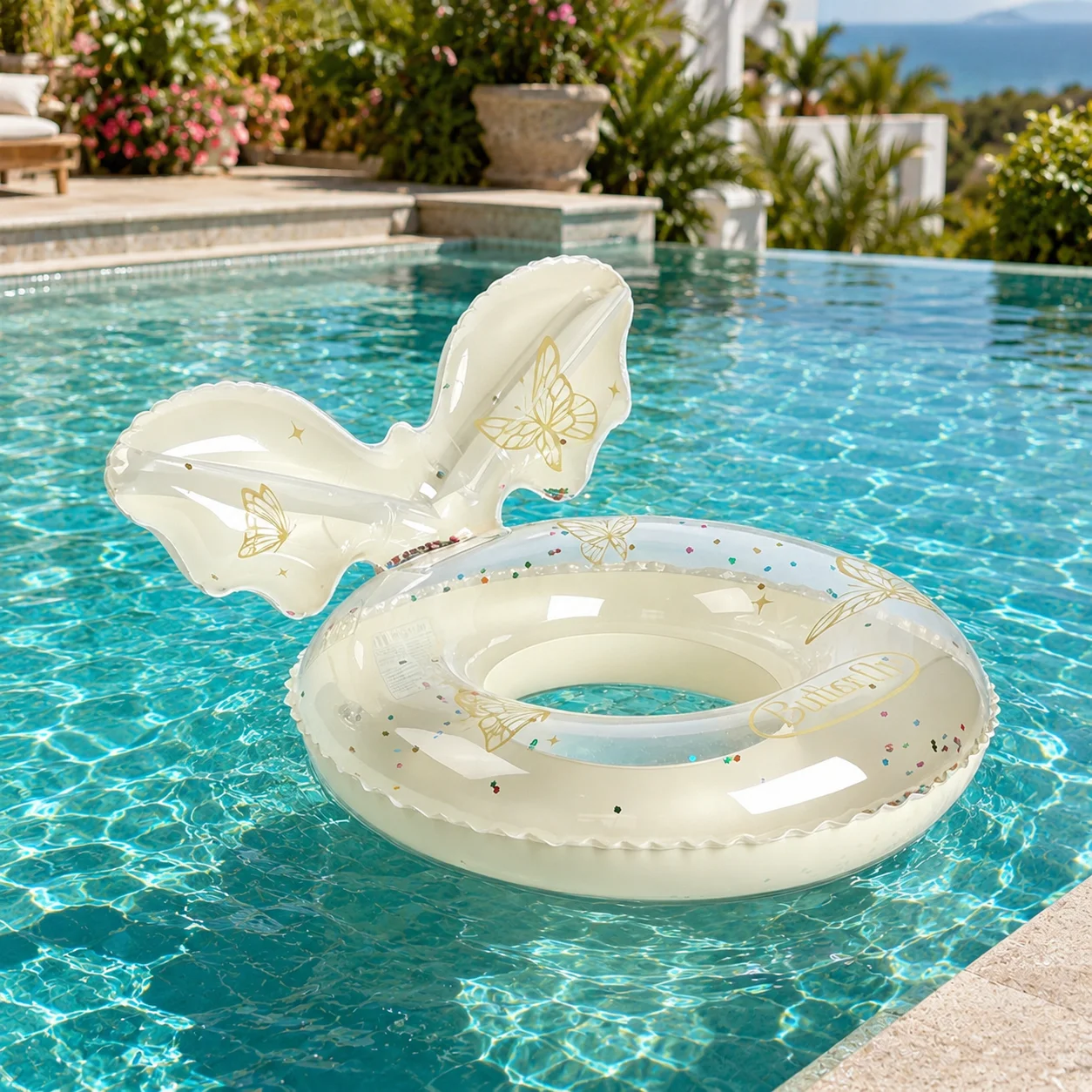 1pc Inflatable Sequin Butterfly Swim Ring Pool Float with Backrest Transparent PVC Swimming Tube for Pool Beach Summer Party