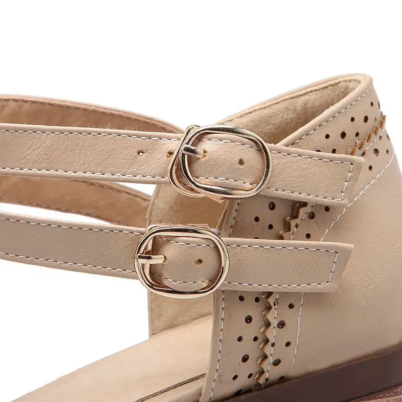 REAVE CAT Vintage Women Sandals Round Toe Block Heels Buckle T-straps Big Size 41 42 43 Daily Female Shoes