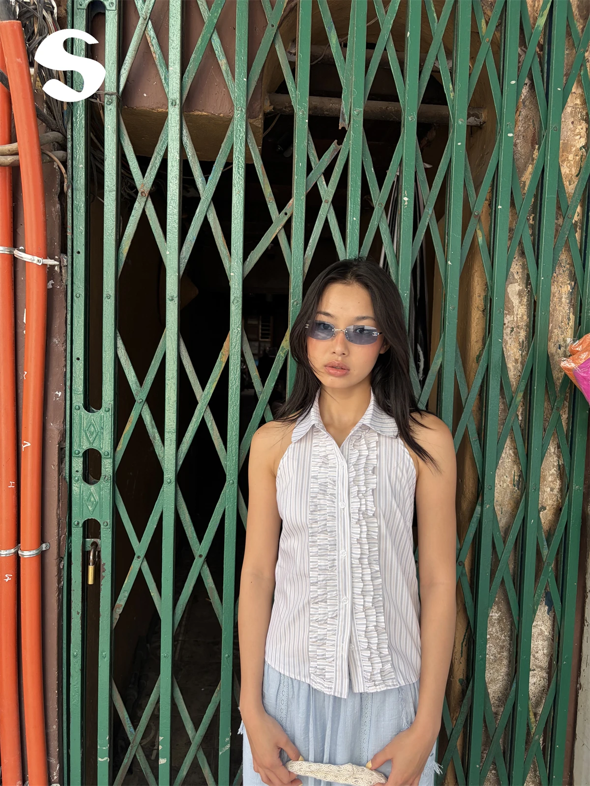 

Sleep at 11 Gentle Personality Wooden Stripe Neck Hanging Collar Sleeveless Vest Shirt Women's Fashion Straight Cut Summ...