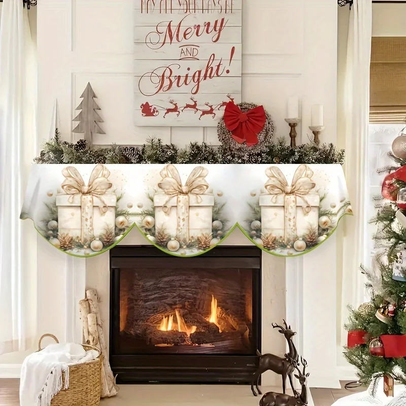VIKAMA Christmas Fireplace Mantel Scarf Rustic Gift Box Bowknot Mantel Topper Xmas Holiday Fireplace Shelf Cover Home Decor