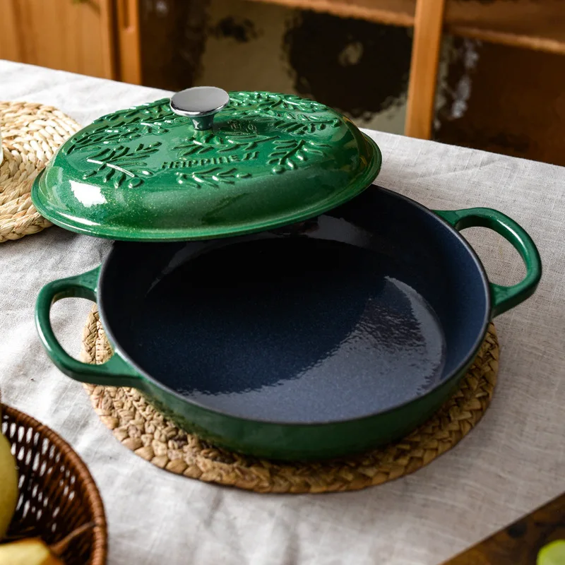 2.6L หม้อเหล็กหล่อหม้อเคลือบเครื่องครัว,Micro ล็อคความดันสดกระทะ,Leaf Emerald Non-Stick หม้อสําหรับทําอาหาร