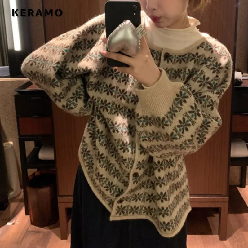 2024 Winter Vintage Casual Single Breasted Fashion Sweater Women Knit Printting Jumpers Long Sleeve Turtleneck Loose Cardigans