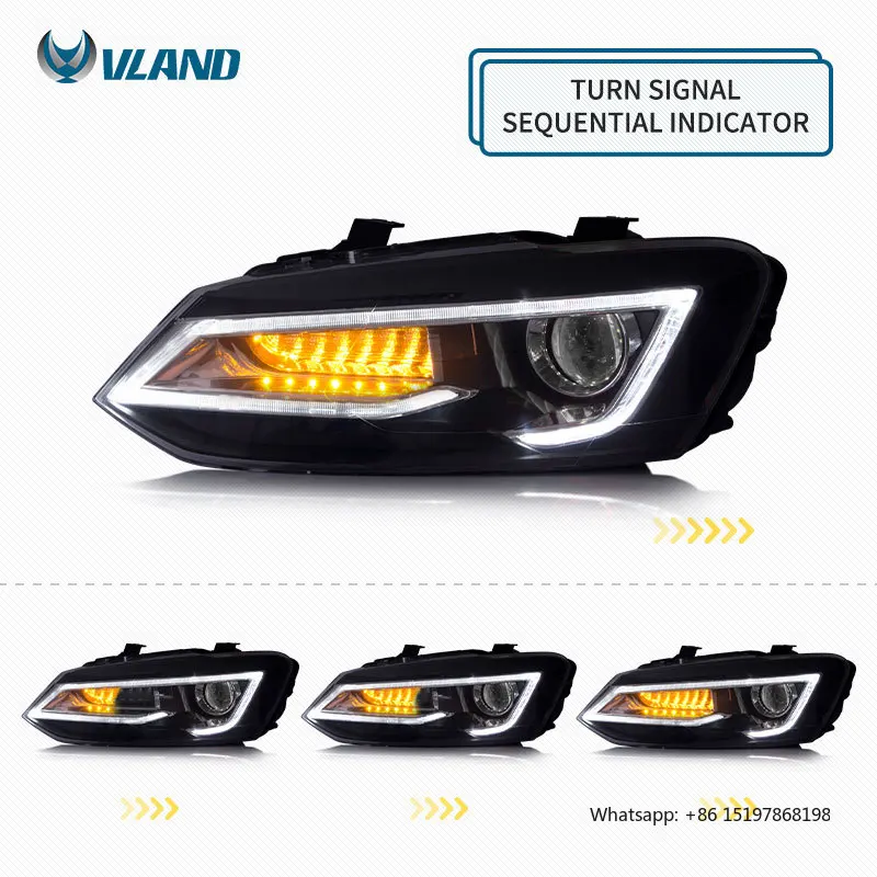 مصابيح أمامية LED كاملة من الشركة المصنعة VLAND مع إشارة متحركة + كشافات DRL 2011-2017 مصباح أمامي لسيارة VW Polo Vento Mk5