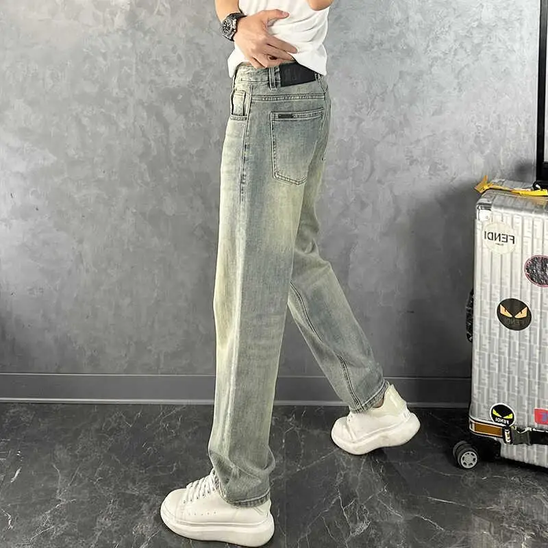 2024 Summer Men's Washed Jeans Blue Trendy Men's Long Pants Slightly Wide Mid-waist Elastic Straight Casual Pants Low Rise Jeans