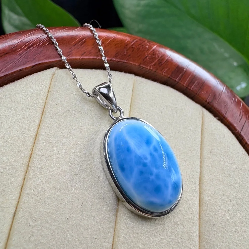 S925 Sterling Silver Natural Larimar Pendant Crystal Healing Reiki Polished Charm Jewelry for Mature Women Holiday Gift