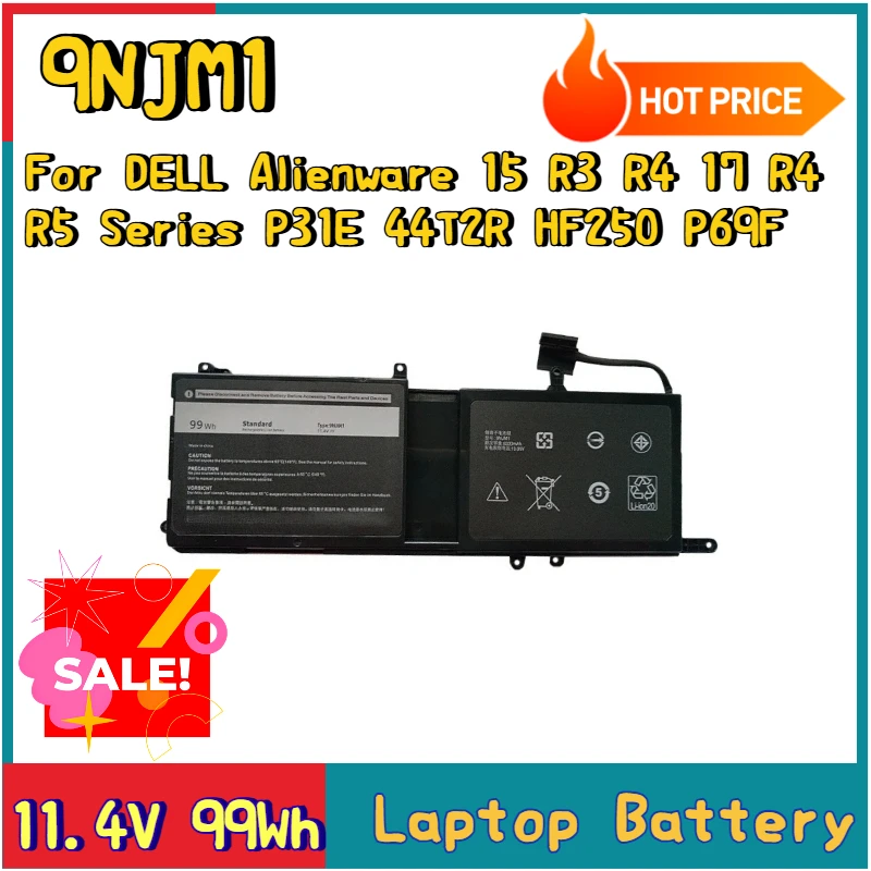 

New 9NJM1 Laptop Battery 11.4V 99Wh For DELL Alienware 15 R3 R4 17 R4 R5 Series P31E 44T2R HF250 P69F MG2YH