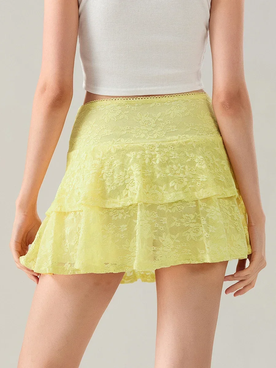 Fashion Sweet Lace Flower Layered Ruffled Skirt Womens Fashion High Waist A-Line Mini Skirt for Daily Party Club Streetwear 2024