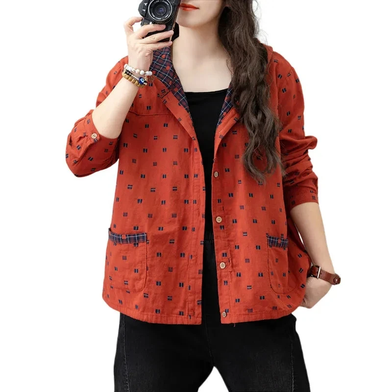 

New 2022 Spring Autumn Cotton And Linen Coat Women's Literary Retro Hooded Linen Top Casual Printing Jacket Outerwear Female