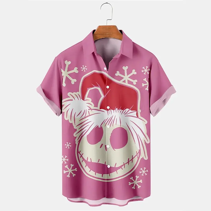 Ugly Christmas Skull Print Men\'s Shirt Outdoor Christmas Men\'s Lapel Top Street Fall Short Sleeve Plus Size Men\'s Shirt