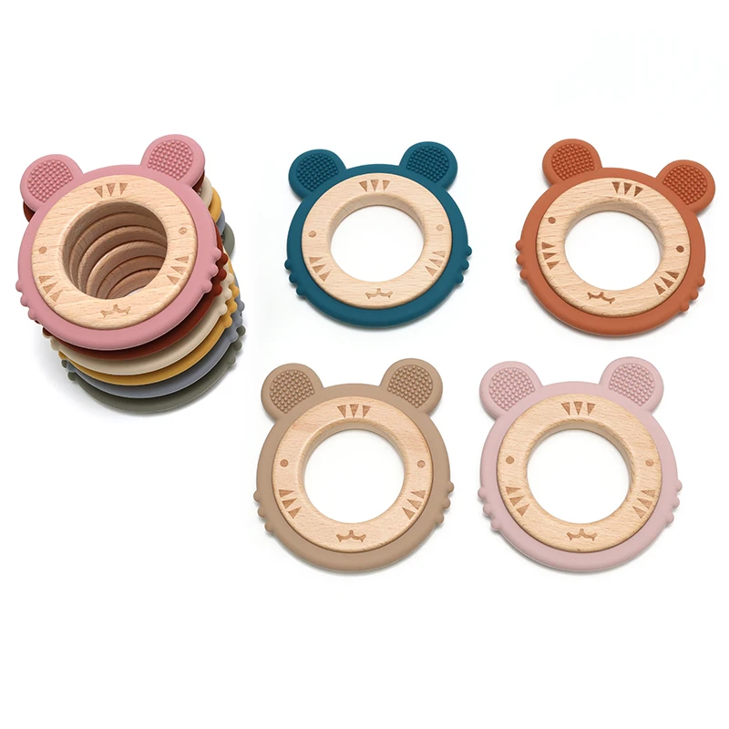 1pc Baby Beißring Silikon Armband BPA FREI Nette Cartoon Tiger Anhänger Zahnen Spielzeug Holz Ring Kauen Baby Zubehör Spielzeug