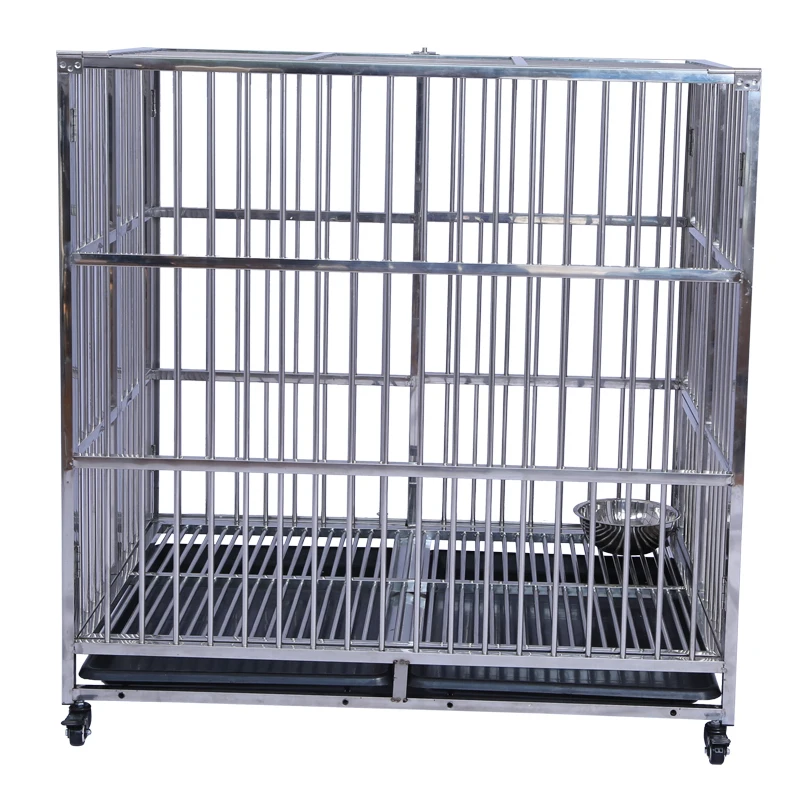 Collapsible Wheeled Stainless Steel Pet Cage with Solid Pattern Plastic Tray Pallet Eco-Friendly Long Service Life for Dogs