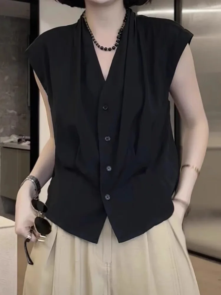 

Корейская летняя женская шифоновая блузка с V-образным вырезом, на одной пуговице, однотонная, плиссированная, легкая, малого размера