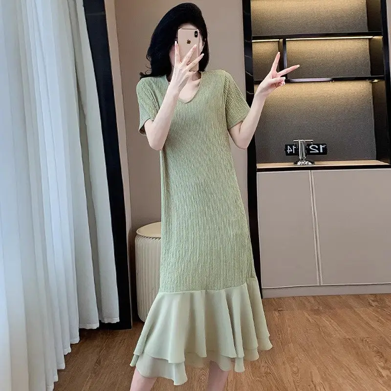 レディース オーバーサイズ 韓国風 2025 夏新作 コントラストカラー ルーズ ロング フィッシュテール ワンピース エレガント カジュアル Tシャツワンピース G964