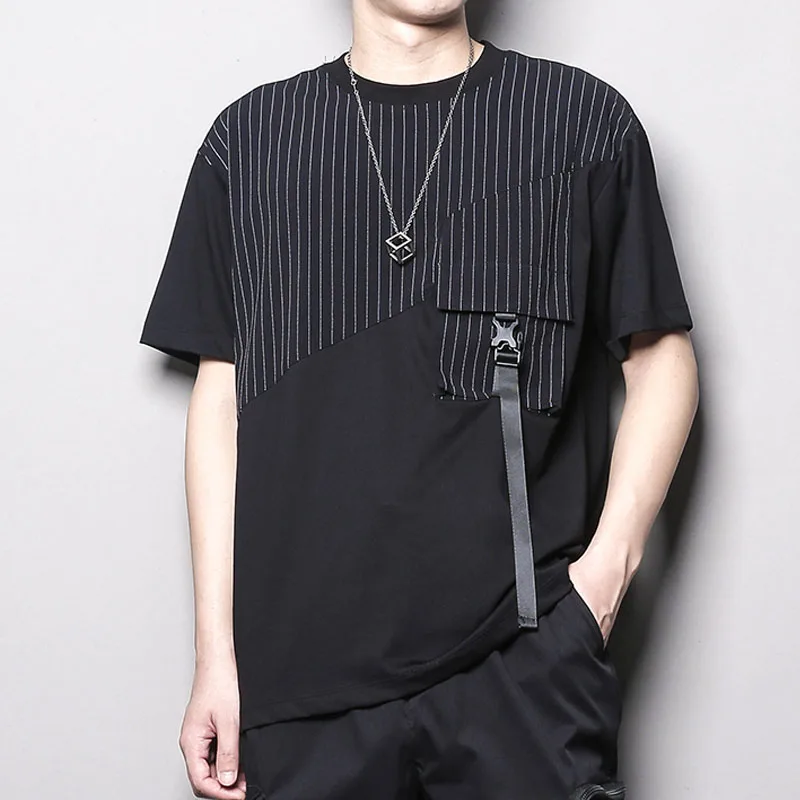 Men's Personality Splicing Vertical Stripe Buckle Webbing Pocket Short Sleeve T-Shirt Summer New Japanese Dark Trend Top