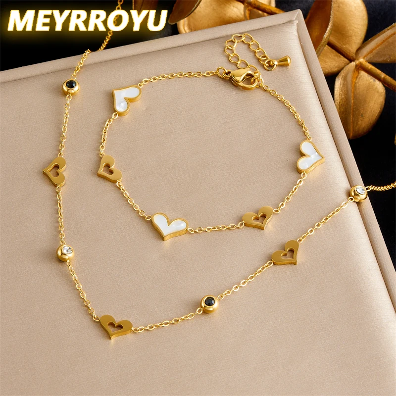 MEYRROYU 316L Stainless Steel White Shell Heart-shaped Bracelet Necklace Womens Delicate Fashion Simplicity Pendant Jewelry Suit