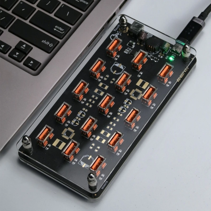 15 Port USB Power Board with Touch Switches, Type C and DC12V Input, Clear Acrylic Frame USB Distributor for Desktop K1KF