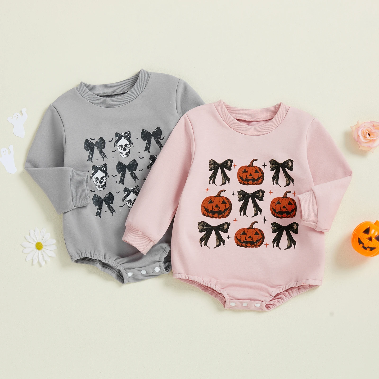 0-18M Baby Girl Halloween Bodysuits Sweatshirt Long Sleeve Round Neck Bow Pumpkin/Bow Ghost Print Romper Fall