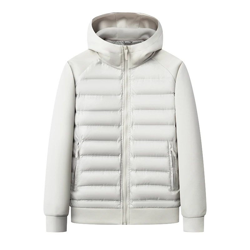 High-quality lightweight down jacket with a hat, a casual and warm patchwork down jacket jacket for young and middle-aged people