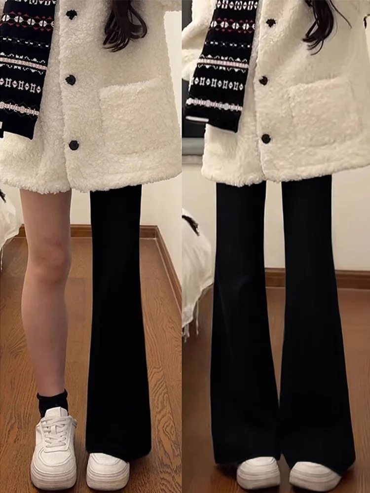 

Расклешенные джинсы с высокой талией на подкладке, женские осенне-зимние эластичные утягивающие брюки-копыта больших размеров «груша»