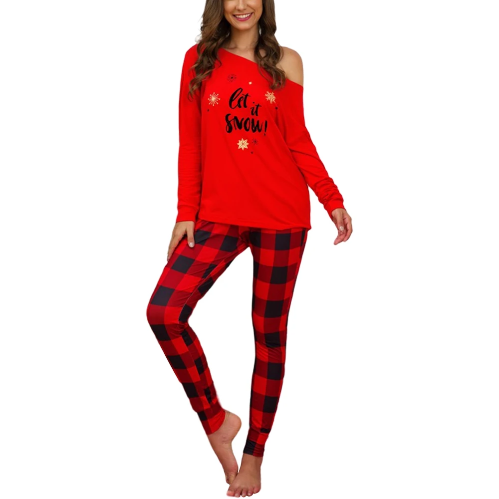 2PCS Set Christmas Women Pajama Sets Printed Long sleeve Loose T shirt Top And Plaid Pants Suit Women Casual Home Clothes