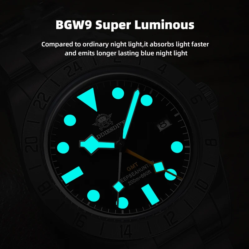 ADDIESDIVE Men Luxury GMT  Watch AD2035 BGW9 Super Luminous 20Bar Waterproof Bubble Mirror Glass Classic Quartz Watches reloj