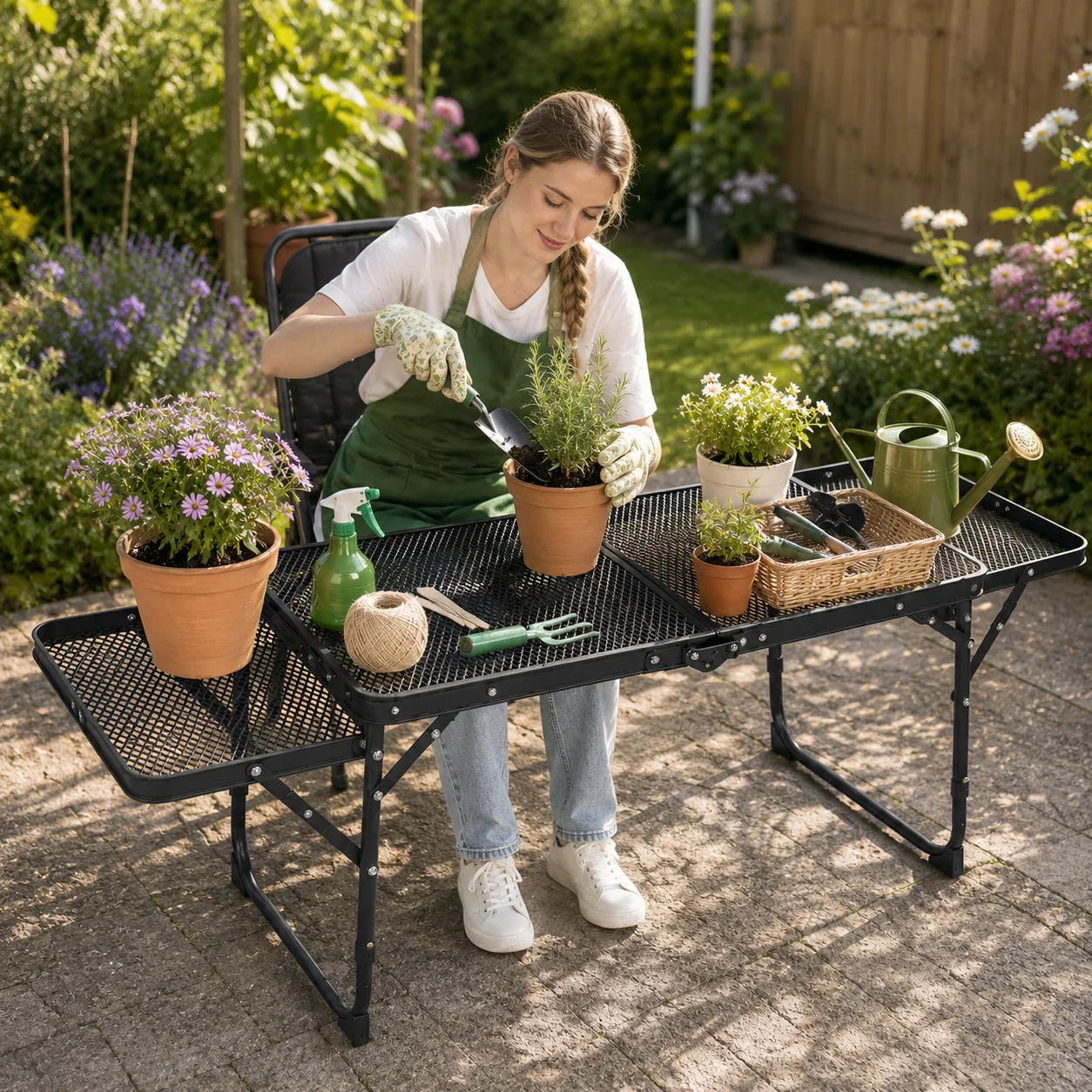 Table de jardin SIAZIH pliable, table de travail réglable en hauteur, table en maille d'aluminium avec deux plateaux latéraux, poignée de transport pour jardin, balcon, entretien des plantes, stand extérieur, camping, barbecue, établi de jardinage.