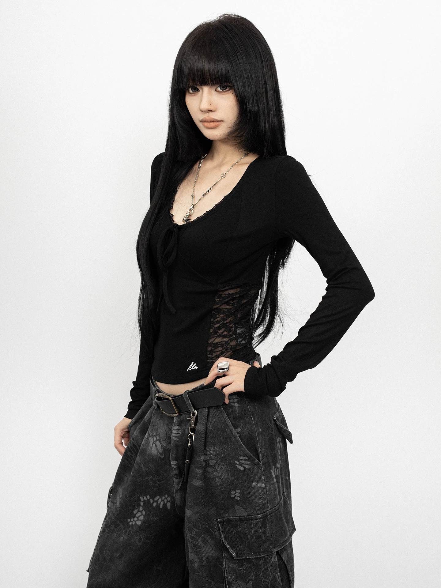 Slimming Effect American Retro Hot Girl Lace Splicing Long Sleeve Black T-shirt Women's Fit Base Shirt Cleanfit Style Cotton ...