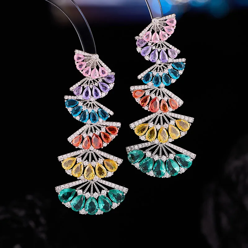 

Heavy Luxury Statement Fan Earrings, S925 Silver Posts, Mosaic Color Zircon Long Dangle Earrings Jewelry Wholesale