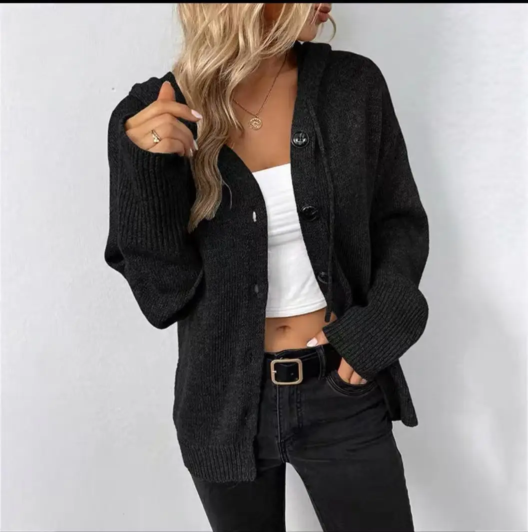 Hooded Cardigan for Women Drawstring Button Up Knit Cardigan Sweater Jacket Autumn Winter Ladies Outfit