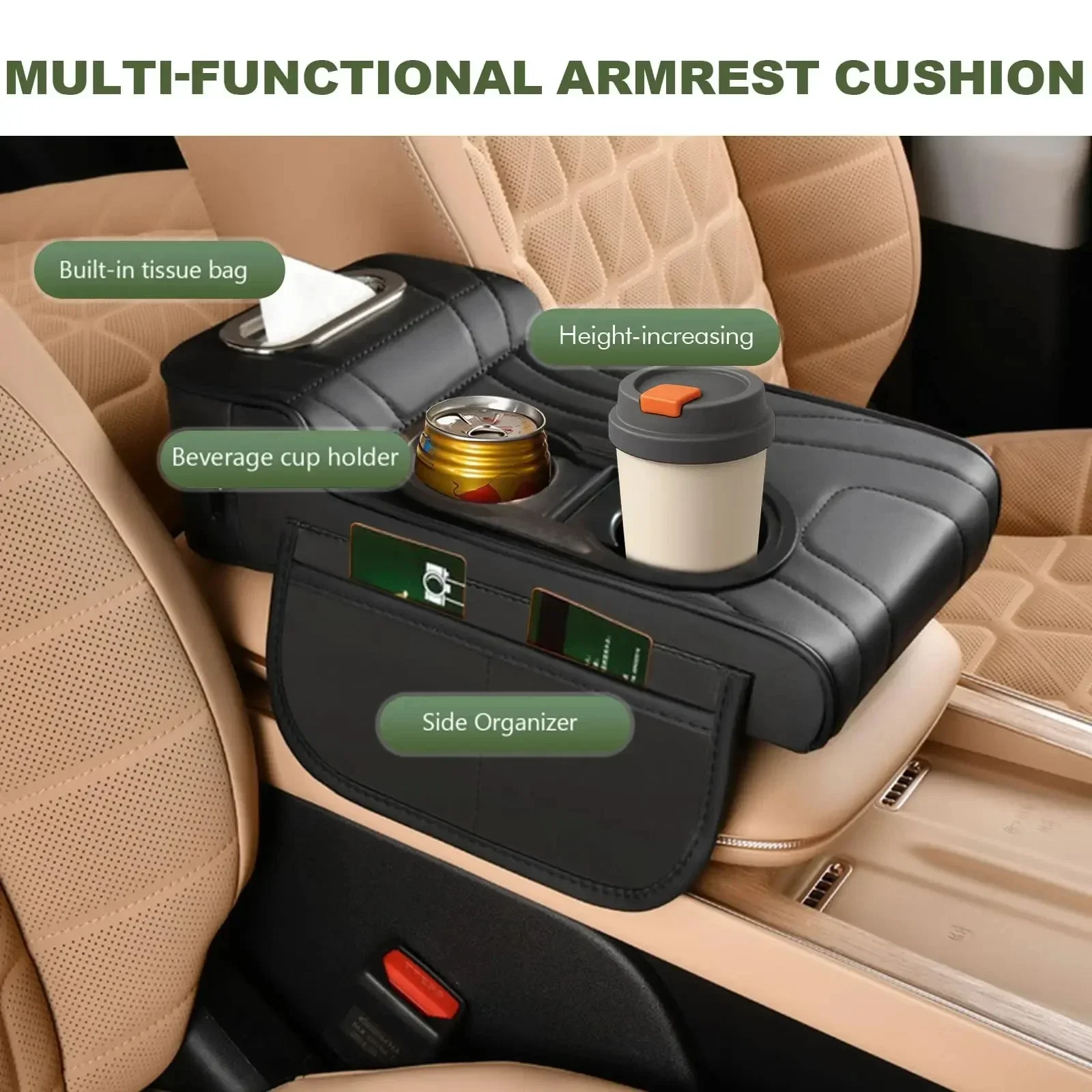 Car Armrest Storage Box, Multifunctional Cup Holder & Tissue Organizer, Console Storage Bag for Car Seats